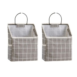 Qingsm 2 Pcs Wall-Hanging Storage Bags,Desktop Organizer Basket Cotton Linen Hanging Storage Basket for Kitchen,Bderoom,Living Room-GreyGrid