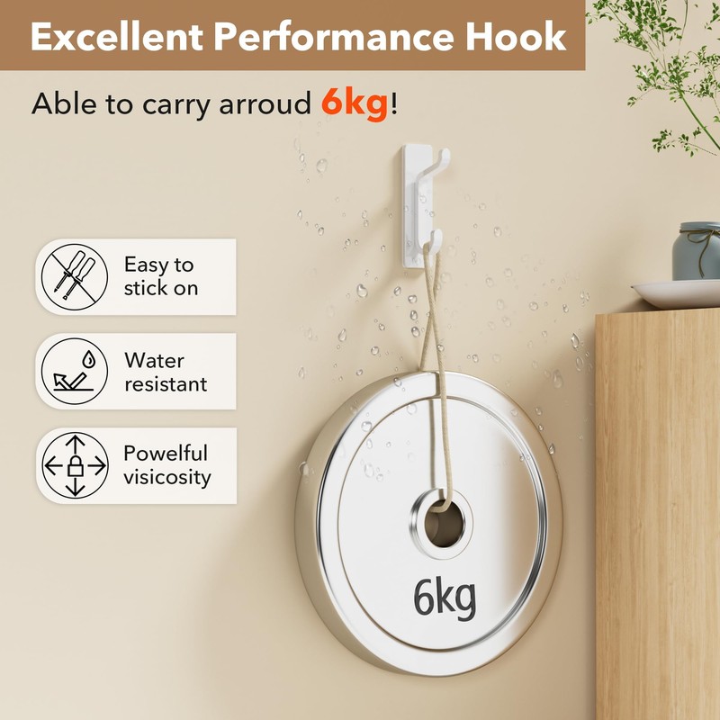 12-Pack Stick on Hooks for Hanging - Extra Sticky 6KG