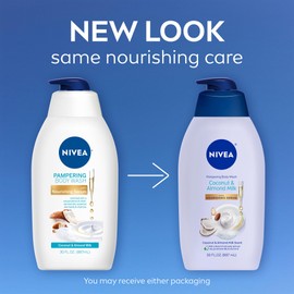 NIVEA Pampering Coconut and Almond Milk Body Wash with Nourishing Serum, Moisturizing Body Wash for Women, Enriched with Provitamin B5 and Vitamin E, 30 Fl Oz Bottle