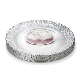 [48 Count - 7 Inch Plates] Laura Stein Designer Tableware Premium Heavyweight Plastic White Appetizer - Salad Plates With Silver Border, Party & Wedding Plate, Glitz Series, Disposable Dishes