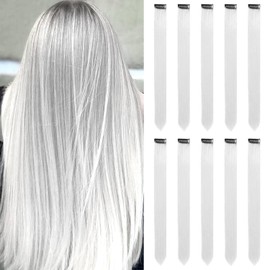 White Clip-In Hair Extensions for Girls, 22 Inch/56 cm Colourful Straight Hair Extensions for Party, Highlights, Coloured Hair Accessories, Hairpieces for Children, Women (10 Pieces, White)