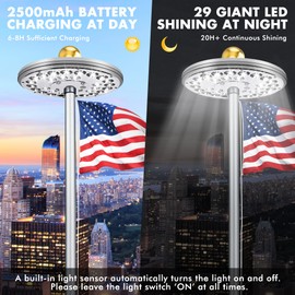 Flagpole Light Solar Powered, Auro 8 Silver Flag Pole Light 29 Bright Huge LED for 15-25 Ft Outdoor Flag Poles, 20 Hour Long-Lasting Spectacular Aurora Lighting, Dusk to Dawn Auto On/Off