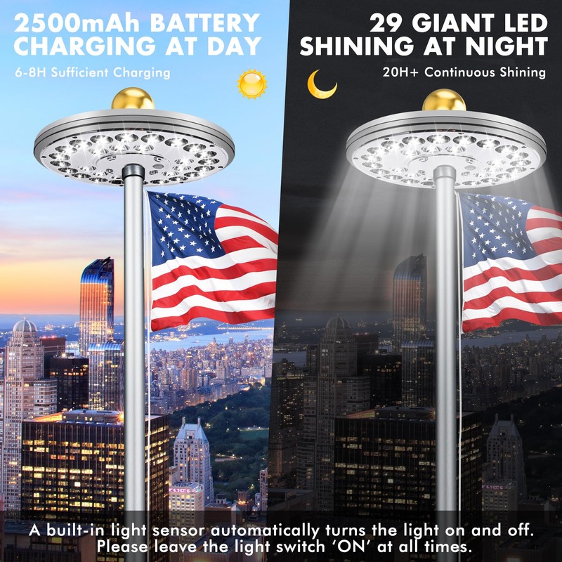 Flagpole Light Solar Powered, 2000 Lumen Brightness, 29 Bright Huge