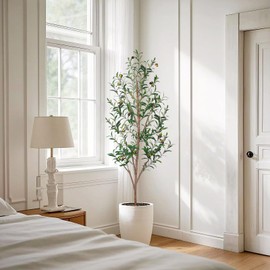 Artificial Olive Trees Indoor, 5 Ft Faux Olive Tree Plants, Fake Potted Olive Tree with Natural Wood Trunk, Lifelike Leaves & Fruits for Modern Home Office Living Room Floor Decor Indoor