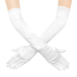 JUNART Long Satin Gloves,Elegant Elbow Length Gloves for Opera Party, Wedding, Evening Dresses,Carnival Costume, Dance (White)