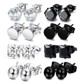 KALVICA 8/10 Pairs Stainless Steel Earrings Men Women Hypoallergenic Stud Earrings Men Silver Black Cubic Zirconia Stud Earrings Round Earrings Unisex Huggie Pierced Earrings