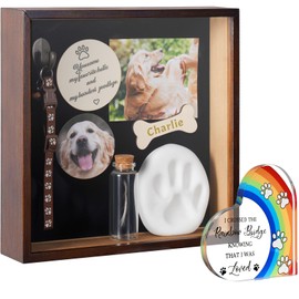 ZooZoo Pet Memorial Shadow Box with Paw Print Kit, Collar Holder, Acrylic Cover, Fur Keepsake Jar, Bone Tag & Rainbow Bridge Charm, Wooden Display Frame for Dog or Cat Remembrance, No Assembly Needed