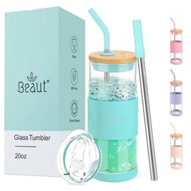 Beaut Glass Cup with Lid and Straw: 20 Oz Tumbler with Bamboo & On-The-Go Lids, Stainless Steel Straws & Protective Silicone Sleeve - BPA Free Aesthetic Drinkware