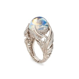 Hsitgexf Rainbow Moon Stone Rings Victorian Style Gemstone Solitaire Round Moonstone Cocktail Ring for Women, Angel Wings Wedding Engagement Rings (US Size 8)