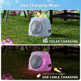 GGII 2-Pack Rock Speakers Outdoor Water-Resistant IP44, Multi-Sync Up to 100 Speakers, Solar-Powered Rock Speaker with Light for Patio Garden Party Pool Deck Yard Outside