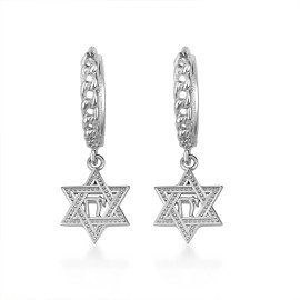 FDJ .925 Sterling Silver Jewish Chai Star Of David Cuban Link Huggie Earrings