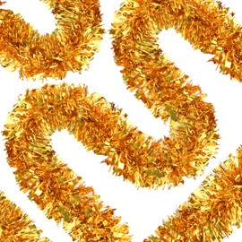 33Ft Christmas Prelit Thick Tinsel Garland Metallic Twist Tinsel Garland with LED Light Hanging Garland Decoration for Christmas, Party Decor Indoor Outdoor Party Supplies (Gold)