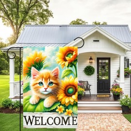 BlissYard Spring Garden Flag 12x18 Inches Double Sided Cute Cat Welcome Yard Flags Sunflower Summer Seasonal Flower for Outside Decor Home Farmhouse Holiday Decorations