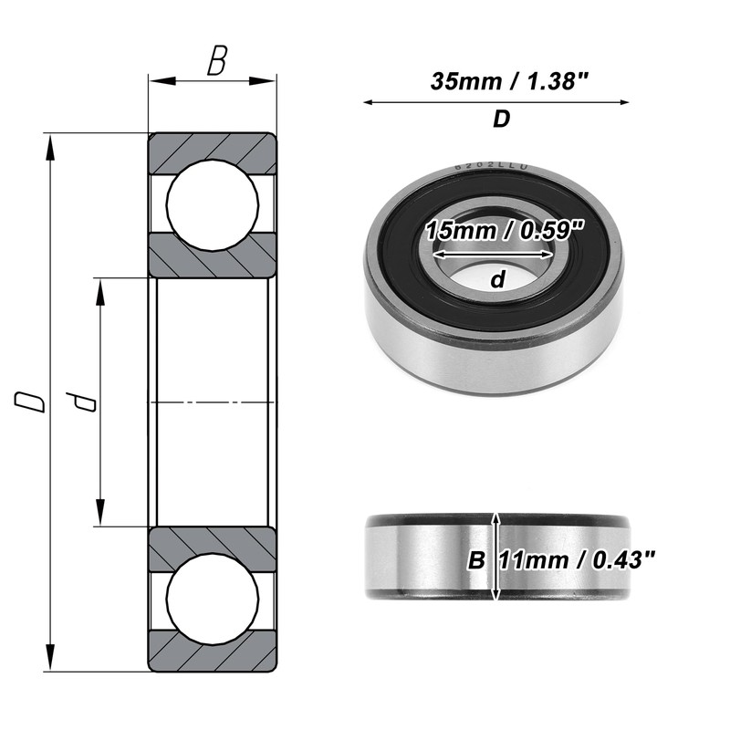 ACROPIX Bearings 6202LLU Ball Bearings Double Seal 15x35x11mm Black Silver