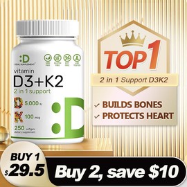 Deal Supplement Vitamin D3K2, 250 Veggie Softgels, 2 in 1 (5000 IU D3+100mcg K2 MK7) | Healthy Bones, Teeth, Heart, Immune System:_Pack of 2