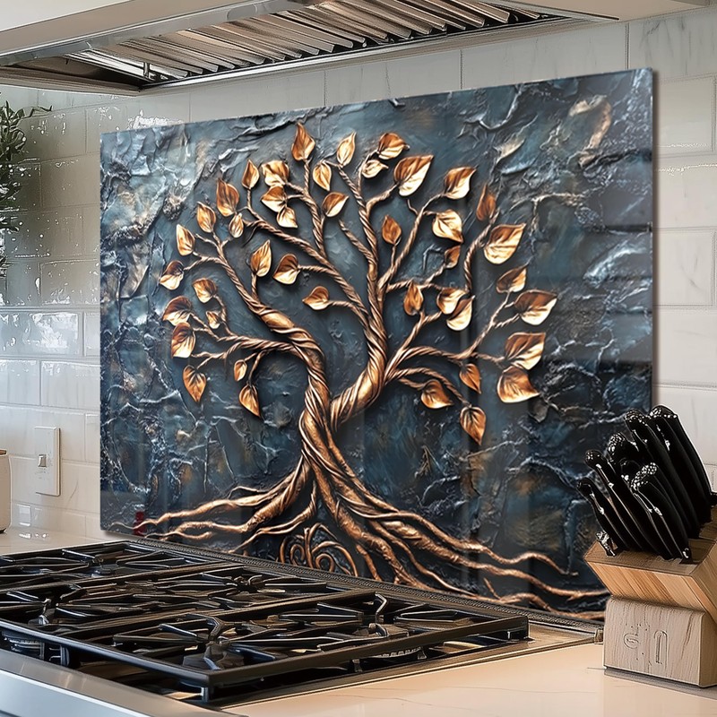 fzxwyishu Tree of Life,Tempered Glass Backsplash For Kitchen Behind Stove,Easy