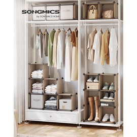 SONGMICS Cube Storage Organizer, Set of 16 Plastic Cubes, Book Shelf, Closet Organizers and Storage, Room Organization, Bedroom Living Room, 12.2 x 48.4 x 48.4 Inches, Camel Brown ULPC442K01