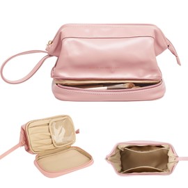 YOMOSPACE Large Makeup Bag, Double Layer Cosmetic Bag, Leather Make Up Bag with Brush Organizer, Portable Travel Makeup Bag, Makeup Organizer Bag Toiletry Bag for Women and Girls (Pink)