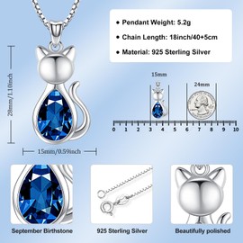 Odinstone Cat Birthstone Necklaces Jewelry Sterling Silver Cat Pendant Necklace Gift for Women Gifts, 18'' Silver Box Chain Women's Sapphire Crystal Cat Jewelry Gifts