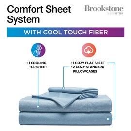 Brookstone Comfort Queen Sheet Set | Innovative Cooling Sheets for Hot Sleepers - Deep Sleep with Temperature Regulation | 4-Piece Set of Soft Flat Sheet, Fitted Sheet, & Two Pillowcases | Faded Denim
