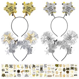 Henjunu New Year's Eve Decoration 2025 Headband Set, 4 New Year's Eve Headband Hair Accessories + 10 Pieces Tattoo Stickers, New Year's Eve Party Headband, New Year Decoration Accessories for Children