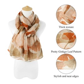 E-Clover Fall Ginkgo Leaf Scarf for Women Lightweight Floral Print Scarves Fashion Shawl Wraps Brown Travel Scarf