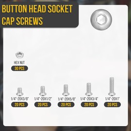 DTGN 130Pcs 1/4-20x3/8 to 1" Button Head Socket Cap Screws - 304 Stainless Steel Bolt Nut Set Washer Assortment Kit - Good for Road Bicycle, Mountain Bike, Auto