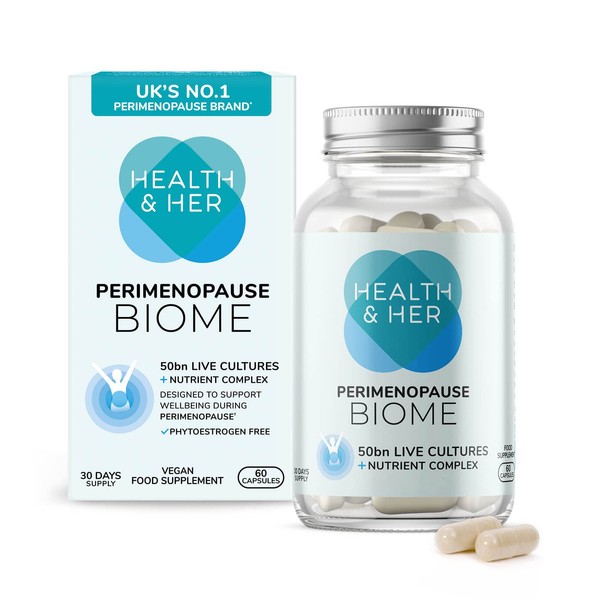 Health & Her Perimenopause Biome 50bn Live Cultures Supplements for Women - Support for Perimenopause Symptoms - 1 Month Supply of 60 Perimenopause Biome Tablets Vegan - Phytoestrogen Free