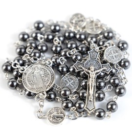 PLONKLY St Michael & St Benedict Hematite Rosary Necklace for Men - Catholic Gifts with Premium Gift Box