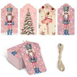 Whaline 60Pcs Christmas Paper Tags Pink Nutcracker Xmas Tree Hanging Labels Name Tags with Hemp Rope for Winter Party DIY Crafts Supplies