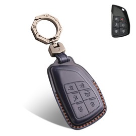 QBUC for Chevy Genuine Leather Key Fob Cover, Smart Key Holder Sleeve Fit for Chevy 2025 2024-2021 Tahoe Suburban GMC Yukon GM Buick, Silverado Sierra 2500HD 3500HD (Dark Blue, 6 Buttons)