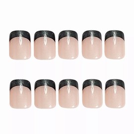 BABALAL Press On Nails Short - Black French Tip Nails, 24Pcs Square Soft Gel Nail Tips, Full Cover Stick on Nails Supplies Acrylic Artificial Nails for Women DIY Squoval Nails Art Decoration