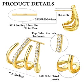 Fansilver 925 Sterling Silver Claw EarringsCubic Zirconia 14K Gold Plated Cuff Earrings Triple Huggie Illusion Stud Earrings Ear Cuffs Earrings for Women Trendy, Gold