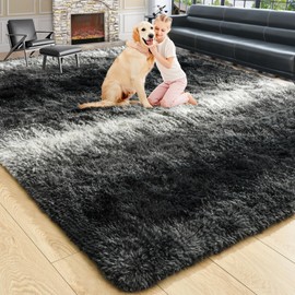 Noahas Fluffy 4x6 Area Rugs for Bedroom Living Room,Black and White Thick Shag Throw Floor Carpet,Soft Shaggy Bedside Non-Slip Plush Dorm Nursery Kids Rug