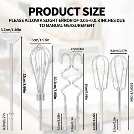 BOXOB 6pcs Hand Mixer Attachments Set, Stainless Steel Dough Hooks Blending Rod & Beaters Mixer Accessories Replacement for KHM3 KHM5 KHM7 KHM9