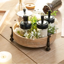 NIKKY HOME Round Wood Decorative Tray, 10 Inch Farmhouse Distressed Candle Tray, Centerpiece Decor for Coffee Bar, Kitchen Counter, Dining Room Table - Natural Wood