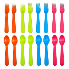 Jawbush 16 Pcs Kids Plastic Utensils, Reusable Toddler Feeding Utensils with 8 Forks and 8 Spoons, Colorful Kids Silverware Cutlery Set for School Lunch Box, BPA Free Dishwasher Safe