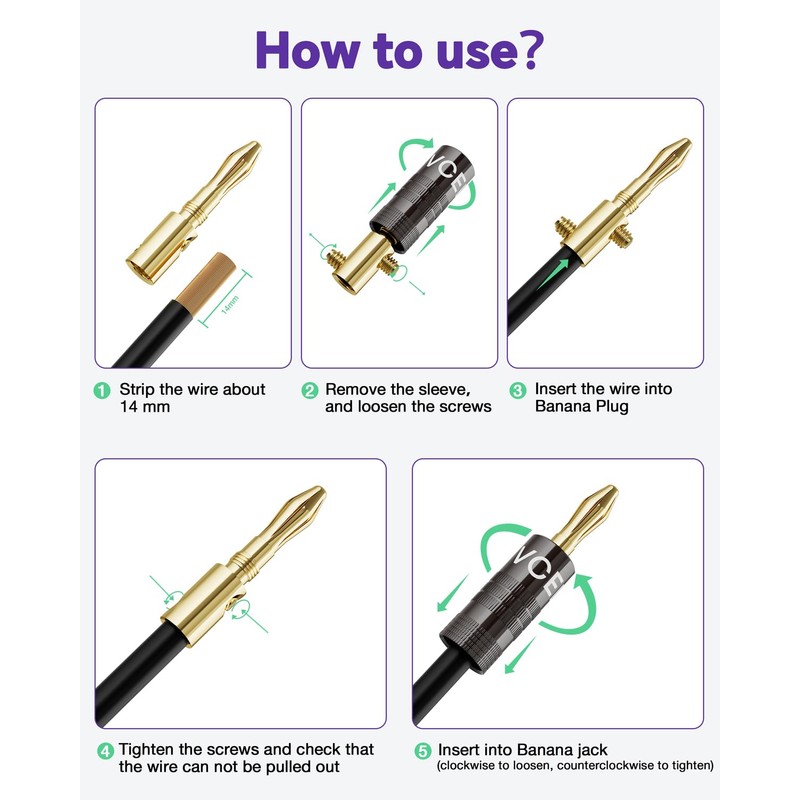 VCELINK Banana Plugs, Speaker Wire Connectors, 4mm 24K Gold Plated