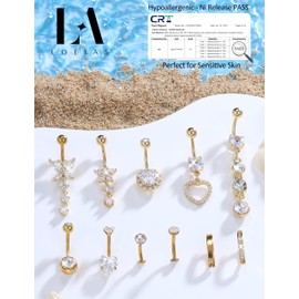 LOLIAS 11PCS Gold Belly Button Rings Dangle Stainless Steel Belly Rings for Women 14G Hypoallergenic CZ Clicker Floating Navel Belly Button Piercing Gold