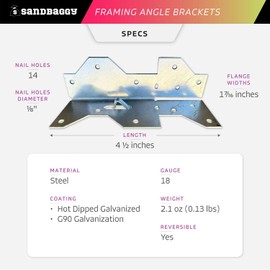 Sandbaggy Framing Angle Brackets - Multi Purpose Wood Frame Connectors, Rafter Brackets, Joist Hanger, Deck Brackets, Concrete Forms - Galvanized 18 Ga Steel (1.44" W x 4.5" L x 1.44" H, 25, Count)
