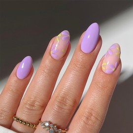 Almond Press on Nails Medium Fake Nails Purple Full Cover False Nails with Flower Designs Acrylic Nails Press on Glossy Glue on Nails Summer Floral Stick on Nails for Women Girls 24Pcs