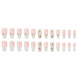 MISUD Press on Nails Long Coffin Fake Nails Glossy Glue on Nails Spring Acrylic Nail Supplies Ballerina Artificial Nail Art White Flower Stick on False Nails with Design DIY 24 pcs