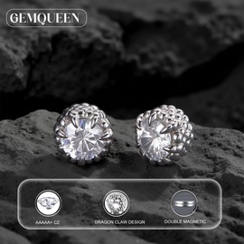 GEMQUEEN Magnetic Earrings for Men Women - 5A Shiny CZ Dragon Claw Punk Hypoallergenic Stainless Steel Non Piercing Clip on Fake Earrings Studs Silver 8MM Not Easy to Fall