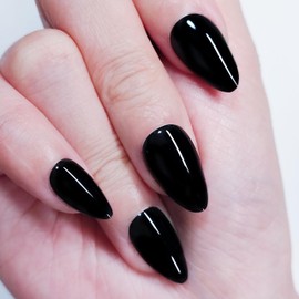 Press on Nails Short Almond, Black Glossy Fake Nail in 15 Sizes, Kit of 30 False Nails, 24 Adhesive Tabs and Tools