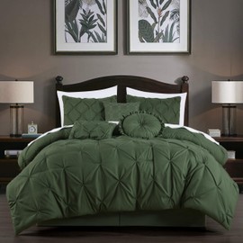 Chezmoi Collection Sydney King Size Comforter Set - 7-Piece Pintuck Bedding - Forest Green, Elegant Lightweight Pinch Pleat Comforter with Decorative Pillows Bed Set for All Season