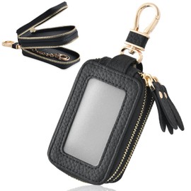 Shirizu Smart Key Case, Storage for 2 Pieces, Smart Key Cover, Leather 2 Pieces, Mini Wallet, Key Case, For Men and Women, Clear Window, 2 Smart Key Case, Carabiner Included, Black, Free size