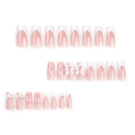 POKENGDA Prsess on Nails Long Coffin Fake Nails- French Press-On Nails Extra Long Pearls False Nails Gradients Press-On Nails Acrylic Nails for Women