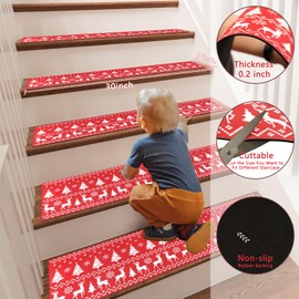 famibay Christmas Stair Treads for Wooden Steps Non Slip Carpet Stair Treads Indoor Stair Runner Christmas Stairs Decoration Safety Mats for Elder Dogs Holiday Capet Runner for Stairs(15Pack)