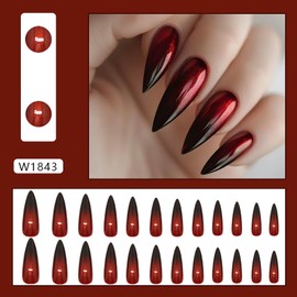 Press on Nails Almond Shape Medium Length Fake Nails Glitter French Tip Glue on Nails with Red Ombre Designs Artificial Nails Stiletto False Nails for Women Manicure 24 Pcs