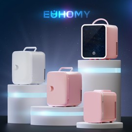 EUHOMY Mini Fridge, 5L AC/DC Small Refrigerator with Dimmable LED Mirror, Portable Cooler and Warmer for Skin Care, Cosmetics, Beverage, 5L Makeup Mini Skincare Fridge for Bedroom, Car, Office, Pink